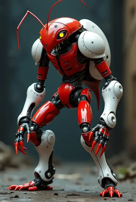 Red ant with white colour cyborg standing like robot

