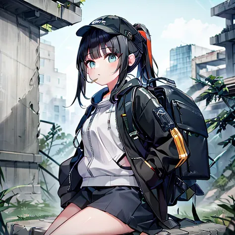 High resolution, Anatomically correct, Highest quality, Very detailed, One person, ponytail, Black Hair, Mountaineering backpack,Black baseball cap,headset,A small accessory case attached to the thigh,Observe the distance,ruins,Full body cut,Assault rifle