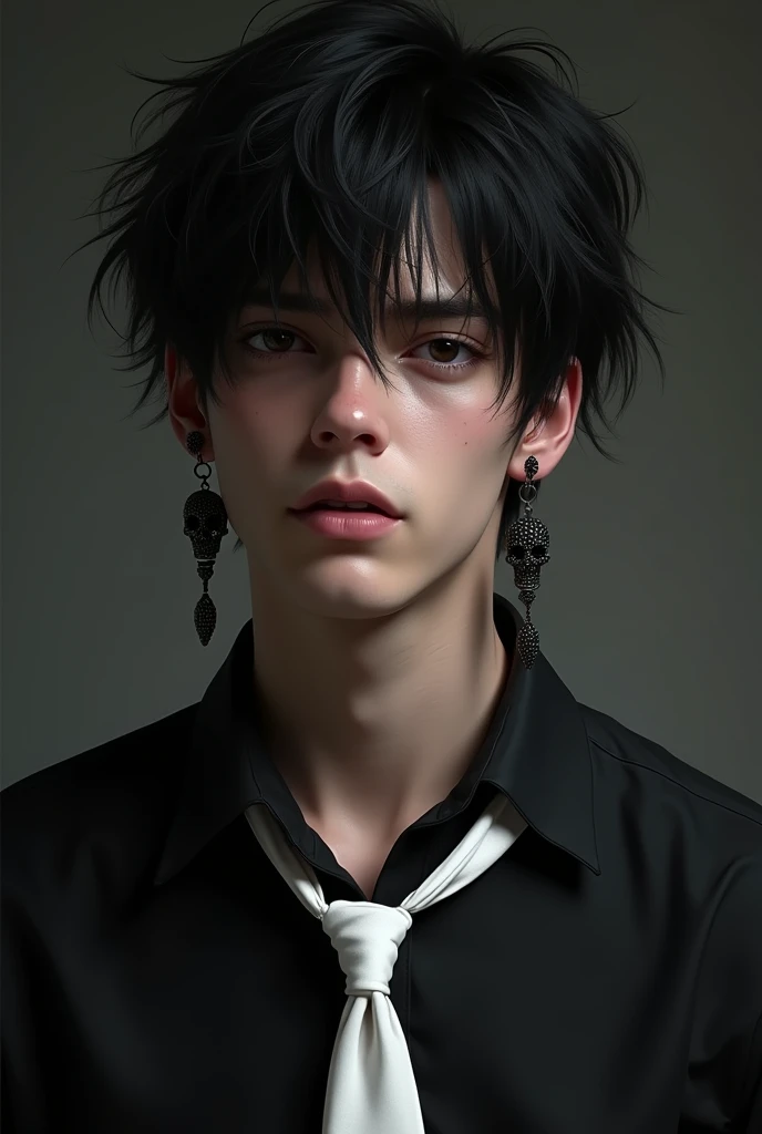 Male character with messy hair wearing a black shirt, white tie and black skull earrings 