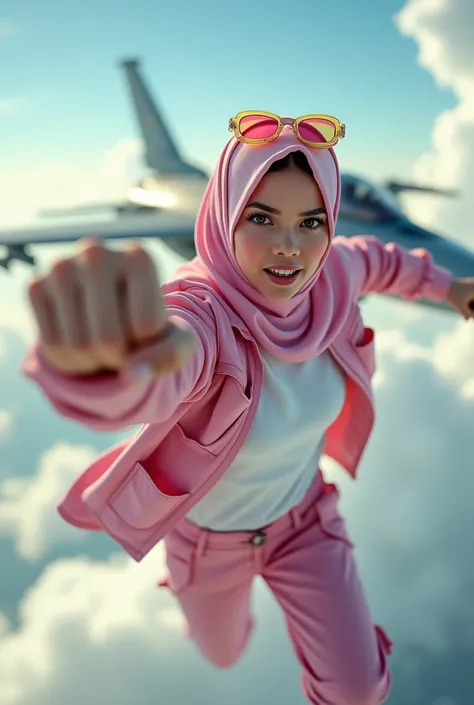 Malaysia women a realistic masterpiece. Human .wear pink watch.. 1girl wearing a hijab. detailed beautiful face, Hijab Muslim. Wear long sleeve moder design mixed sew pink white loose size. Small detail ,cargo suit , jacket pink. Pink cargo pant.. . anger ...