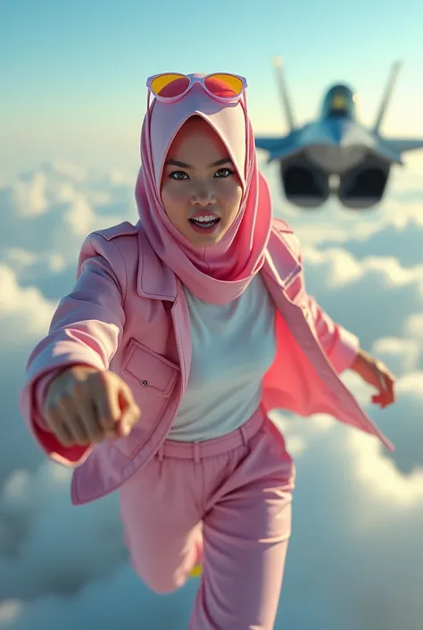 Malaysia women a realistic masterpiece. Human .wear pink watch.. 1girl wearing a hijab. detailed beautiful face, Hijab Muslim. Wear long sleeve moder design mixed sew pink white loose size. Small detail ,cargo suit , jacket pink. Pink cargo pant.. . anger ...