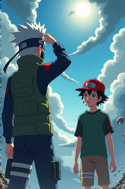 Kakashi lifting his eyepatch and Ash Katchum turning his cap around. 