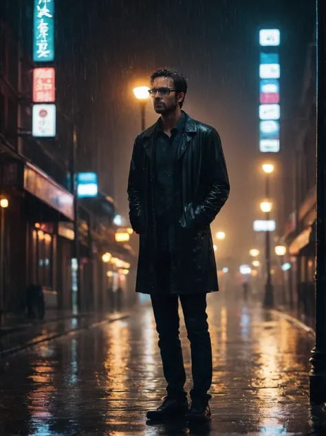 (best quality,4k,8k,highres,masterpiece:1.2),ultra-detailed,(realistic,photorealistic,photo-realistic:1.37),a man standing alone in a rainy night, wearing glasses,sad expression,visibly distraught,shallow depth of field,soft focus,heavy rain pouring down,r...