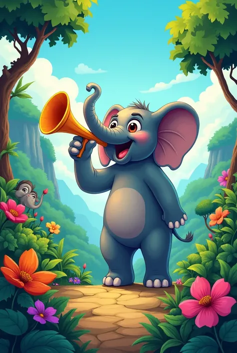 A landscape full-page cartoon of children book of Elephant trumpeting, her powerful 
stance and determined expression conveying her belief in her own worthiness in a colourful jungle with image ratio 16:9