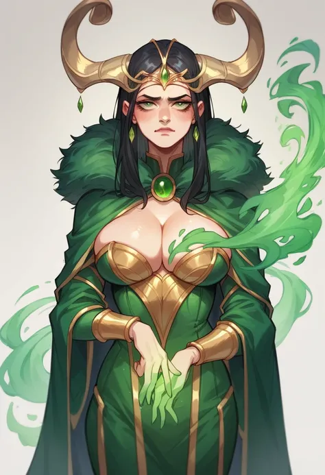 Lady Loki, godess of mischief, long black hair, golden tiara with golden bull horns, green costume with black accents, breast cleavage, fur collar, green cape, green magic,