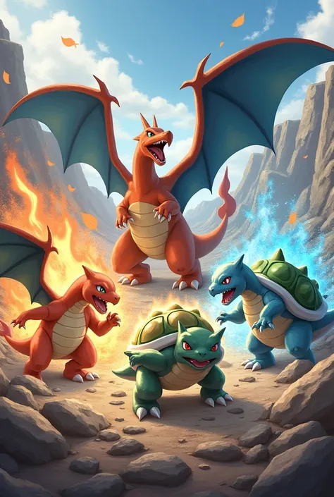 Pokémon Charizard, Blastoise and Venusaur battling。