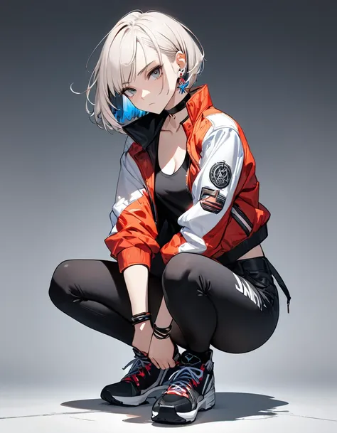 1girl, best quality, beautiful, badass, short hair, 8K, expressionless, full body, squat, head tilt look view, slim, jacket, tanktop inside, earrings, choker, dynamic pose, concept, full color