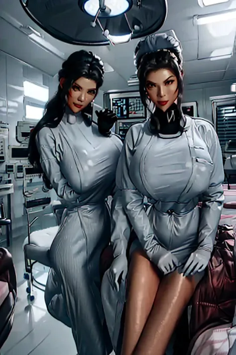 nurse uniform,hospital, latex nurse suit,nurses,busty,elbow gloves,labcoat,black hair woman,red eyes , gigantic ,medical instruments,asian nurse,two nurses,speculum,examination room,oversize ,big ass ,strap on, lay on table ,legs spreaded,giving birth,gyno...