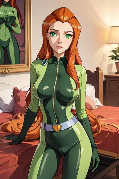 (masterpiece, best quality), 1girl,   sam (totally spies), orange hair, Long Straight hair, green eyes, , green bodysuit, Big Breasts, belt