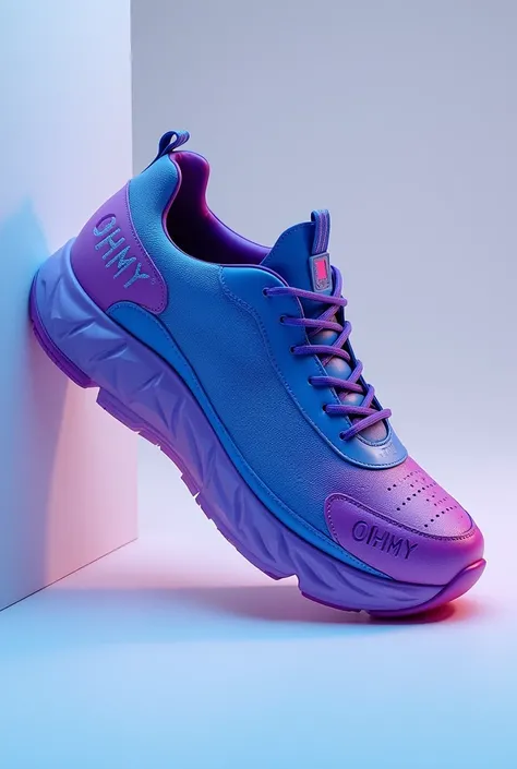 An original shoe with blue and purple colors with the words Ohmy on the sole