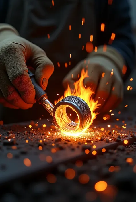 Arms and hands welding a ring with fire