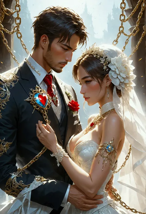 oil painting anime comic art, Julie Bell art of a groom held by ((radiant chains: 1.2)), in his wedding day and his bride, a handsome groom, wearing suit and tie, BREAK AND a beautiful, sexy bride, busty bride, wearing white leather wedding dress, the chai...