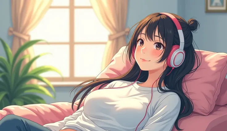 morning、Listen to music in the room、high school girl、Big Breasts、 relax、White sweatshirt、long hair、Tying up hair、Use headphones, Bright environment、2D-style animation, Lo-Fi、Retro、Anime style illustrations、Line art with clear outlines