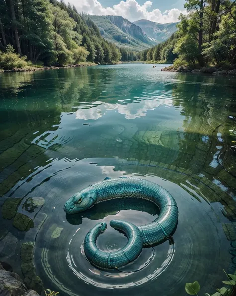 By a still, crystal-clear lake nestled in a hidden valley, a wise, old sea serpent with a shimmering, peaceful aura rests beside the water. Describe the sense of calm and inspiration you feel as you gaze into the serpent’s eyes and watch the ripples of the...