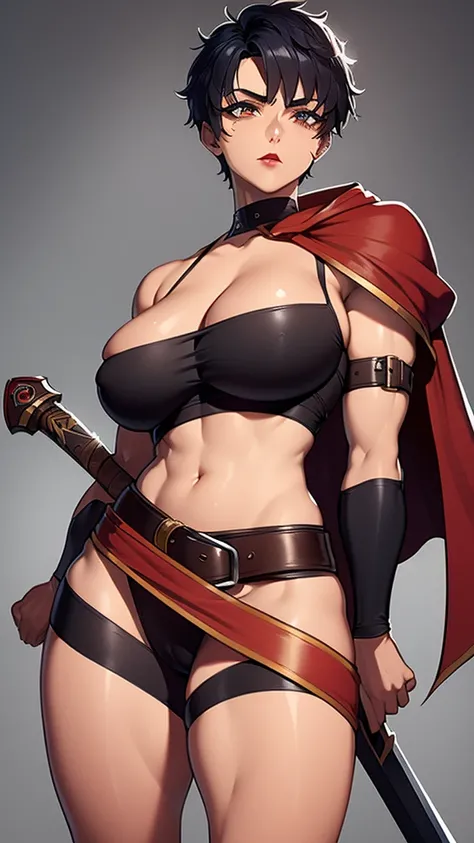 
(masterpiece), best quality, expressive eyes, perfect face(masterpiece), best quality, expressive eyes, perfect face, Female warrior, short black hair, scar on left eye, bronze skin, red lips, amber eyes,wide hips, large breasts, holding a sword, red cape...