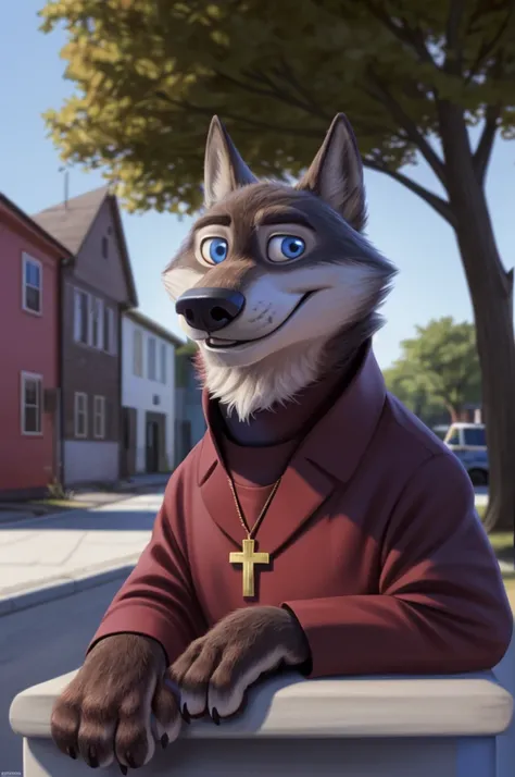 Larry (Zootopia), young wolf, gray fur, (brown body:1.3), beautiful blue eyes, Zootopia, red cassock, Catholic priest,,red cassock, Cardinal,gold pectoral cross white collar,shoes footwear dog,wolf, detailed fur, Male, second, paw pads, claws, looks at the...