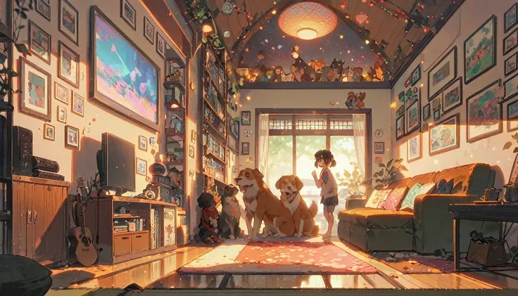 ((japanese cartoon movies:1.4,illustration)),(masterpiece, top quality, best quality),(very detailed, absolute resolution),((16,000, high resolution)), (((interior, small living room, Planetarium across the ceiling, Looking for a boy and a dog)) ((cosy lof...