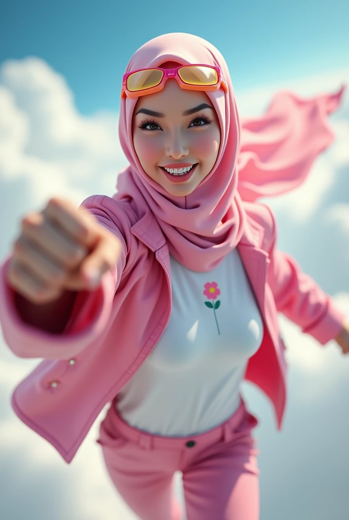 Malaysia japan women a realistic masterpiece. Human .wear pink watch.. 1girl wearing a hijab. detailed beautiful face, Hijab Muslim. Wear long sleeve moder design mixed sew pink white loose size. Small detail ,cargo suit , jacket pink. Pink cargo pant.. . ...