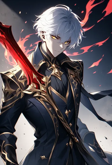 solo, handsome, 1 male, short hair, white hair, gold eyes, dark blue and gold coat, dark fantasy, black sword with red aura