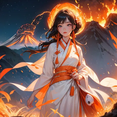 A beautiful female in white hanfu dress , Standing in the middle of Background is a volcano, lava erupting orange-red. close up.