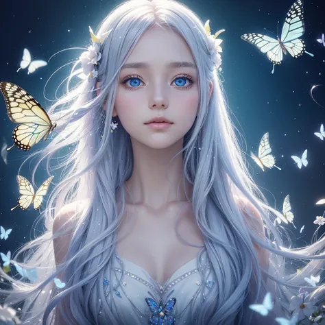 A dreamy, ethereal portrait of a young woman with long, flowing white hair adorned with colorful butterflies and delicate flowers. She gazes upward with large, enchanting eyes that shimmer with a soft glow. The background features a serene blue sky, enhanc...