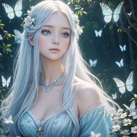 A dreamy, ethereal portrait of a young woman with long, flowing white hair adorned with colorful butterflies and delicate flowers. She gazes upward with large, enchanting eyes that shimmer with a soft glow. The background features a serene blue sky, enhanc...