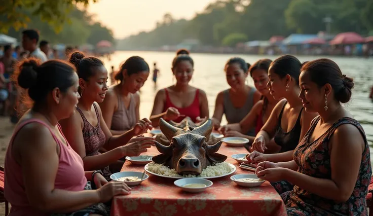 8 beautiful Indonesian women who are a bit fat, loose hair, big nose, wear a flannel shirt, long pants, sit down, all faces are clear and facing the front camera, and on the table there is a big cow&#39;s head on a plate and rice, all hands holding spoons,...