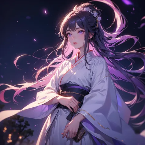 A beautiful female in white hanfu dress , Standing in the middle of Background is a dark moonless night, with dry trees in the background, and purple glowing light , close up.