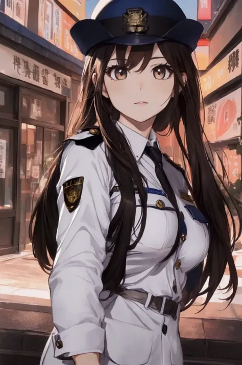 (ultra highres、ultra quality、Masterpiece、8k、),A girl with light  hair drawn in high resolution policewoman.japannse police woman、Young and cute 、Asian woman,s hot, Japanese Model, Cute Core,  , Chubby 、(big breast)、Town、Fluffy white blouse