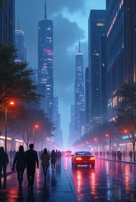 Oil painting of a futuristic street, tall buildings in a distance purple and blue lights, people walking on footpath, and cars on the street. Night time, raining, very realistic 