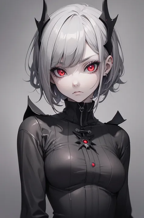 (digital painting),(best quality), masterpiece, 8k resolution, (grey background:1.4), anime girl, one girl, solo, goth girl, pale skin, seducing, (sad face: 1.2), big eyes, (red eyes:1.2) detailed eyes, cute girl, short hair, dynamic lighting