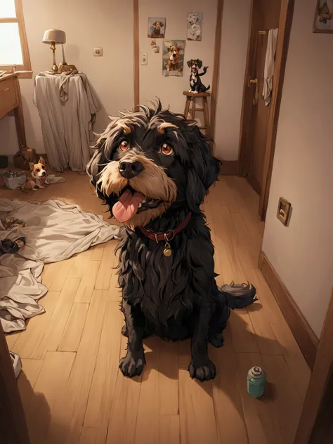 there is a dog cartoon charater in disney style that is sitting on the floor in the room, scruffy looking, looking straight to camera, by Romain brook, by Emma Andijewska, looking straight to the camera, selfie of a dog, his hair is messy and unkempt, reti...