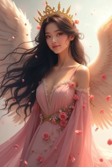 Woman angel with wings pink clothes with roses on her head wings long black hair large breast smiling crown on 