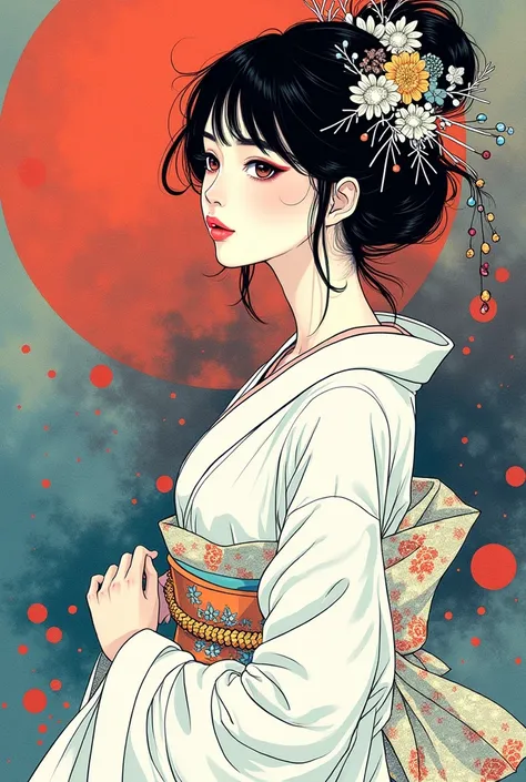 manga ink sketch of an adorable Japanese woman, her eyes glancing to the side, dressed in white, full body, by artist Kawanabe Kyōsai meeting Yoshitaka Amano, colorful psychedelic color scheme