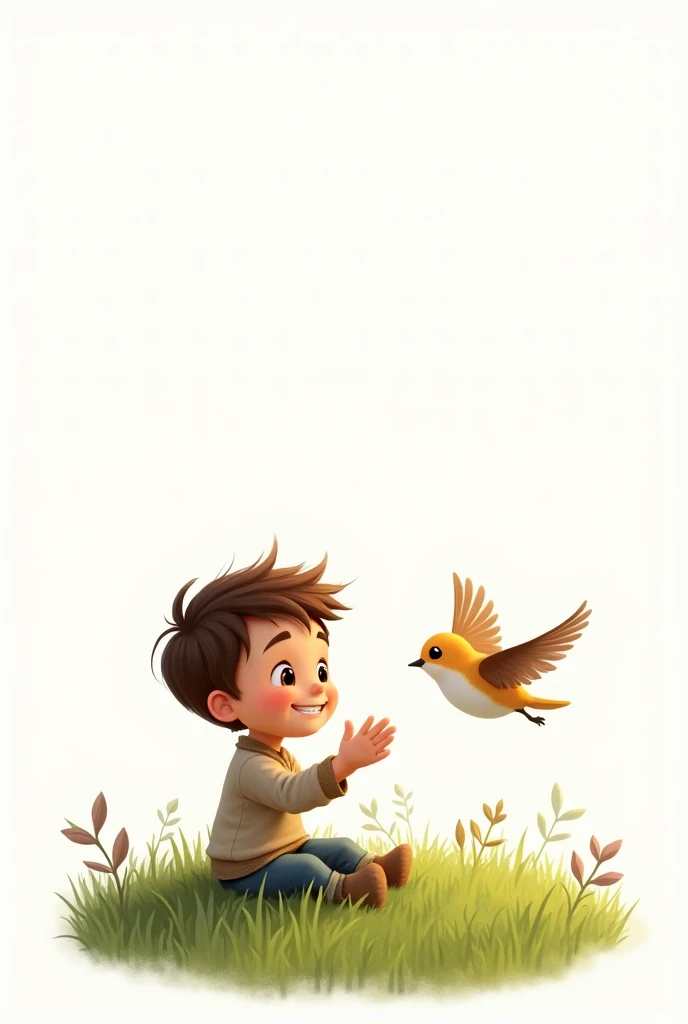 white background,best quality,little smart boy,siting on grass,look at the little bird,raising his hands to the little bird,cute beautiful little bird flying,cute boy smiling