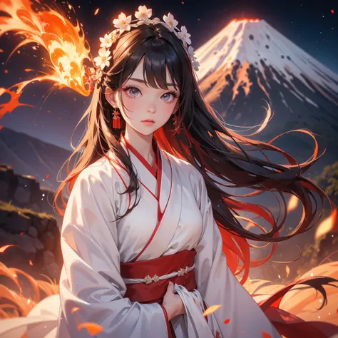 A beautiful female in white hanfu dress , Standing in the middle of Background is a volcano, lava erupting red, close up.