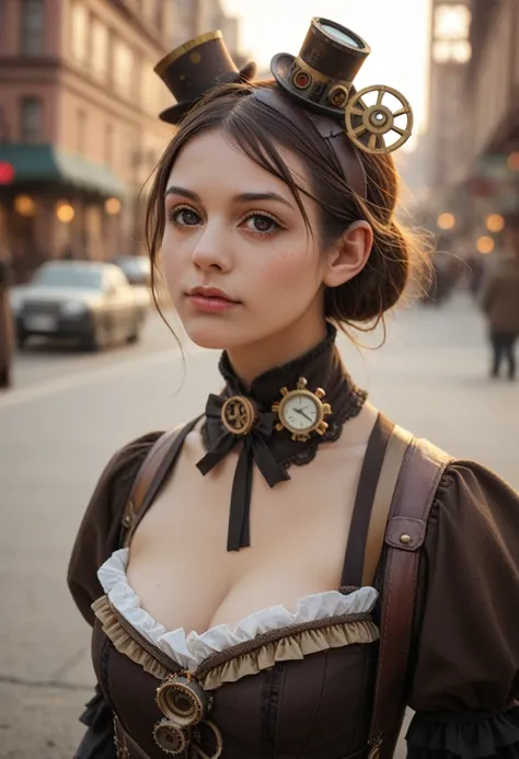 Columbian 19 year old girl, half body view, (front to camera), detailed european face, (aspiring facial expression), (((steampunk style close))), ((steampunk city on the background)), RAW, analog style, ultra detailed photograph, cinematic lighting, artsta...