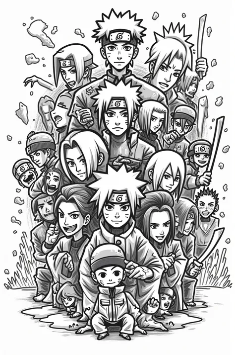 Draw a doodle art of Naruto Shippuden with 10 or more than character black and white