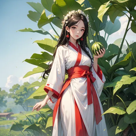 A black hair beautiful female in white hanfu dress , Standing in the middle of The rice fields are full of Big, fresh, green watermelon There is a watermelon cut in half. Beautiful red color, looks very delicious in your hand. close up.