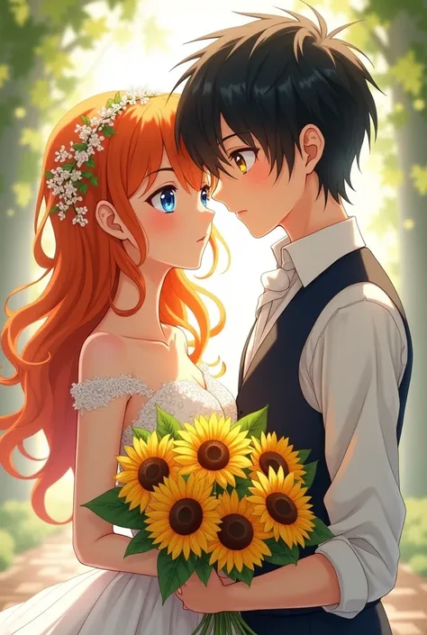 an orange-haired girl wearing a wedding dress, holding a bouquet of sunflowers. she has long orange hair, blue eyes, pretty face.
Her boy wore a vest over a white rose vest, slightly messy black hair, golden eyes and a cold face. anime characters