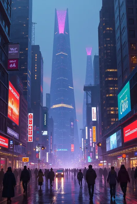 Oil painting of a futuristic street, tall buildings in a distance,bright purple and blue lights, billboards, people walking on footpath, and cars on the street. Night time, raining, very realistic 