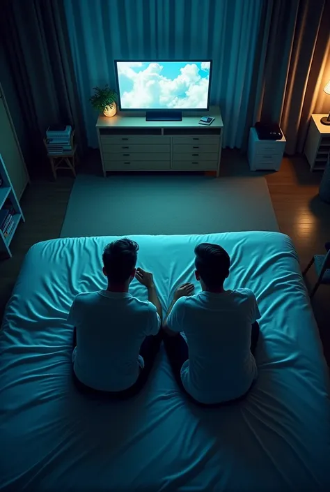 An aerial view of a 2 man crouched in bed binge watching Netflix series very late in the evening while others doing something which is productive like studying, working, sleeping, working out