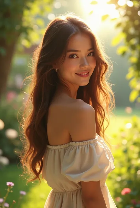 A young woman with radiant skin, soft flowing hair, and captivating eyes, standing in a sunlit garden. Shes wearing a simple yet elegant dress that compliments her graceful figure. The gentle breeze plays with her hair as she smiles warmly, her beauty enha...