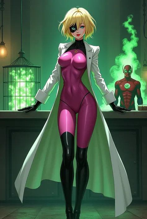 Anime style, Sultry and Beautiful young woman with a soul of pure evil and hatred. Short blonde hair that covers her left eye and blue eyed supervillain dressed in a sleek skintight pink bodysuit, long black gloves and black calf high boots. A long white l...