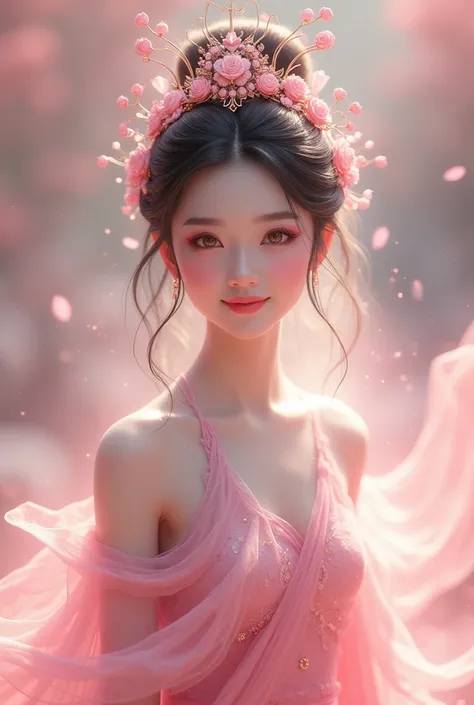 Asian Goddess wearing Pink dress and also a crown with attractive smile and Bright eyes
