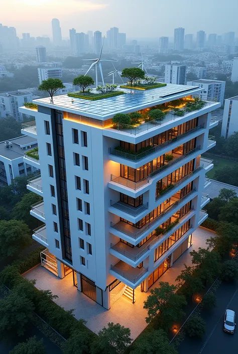 Draw 4 story apartment house with LED lights, solar panel, microwind turbines at the rooftop and rain water catcher at the side of the building 