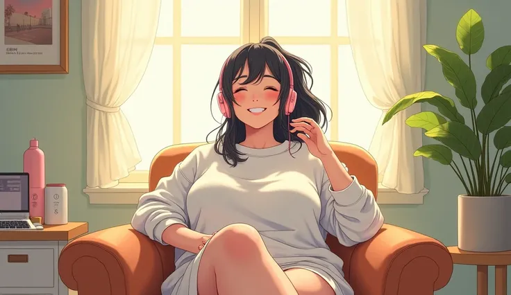 morning、Listen to music in the room、Sit on a chair、high school girl、Big Breasts、 smile、relax、White sweatshirt、ponytail、Use headphones, Bright environment、2D-style animation, Lo-Fi、Retro、Anime style illustrations、Line art with clear outlines