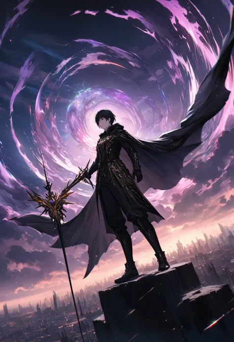 from below, a character from the anime I Want to Become a Shadow Powerful, Shido Kageno, black short hair, wearing a black hooded cape with gold trim, all-black outfit, dark expressionless, holding a dull shining rapier up to the sky, floating in the sky a...