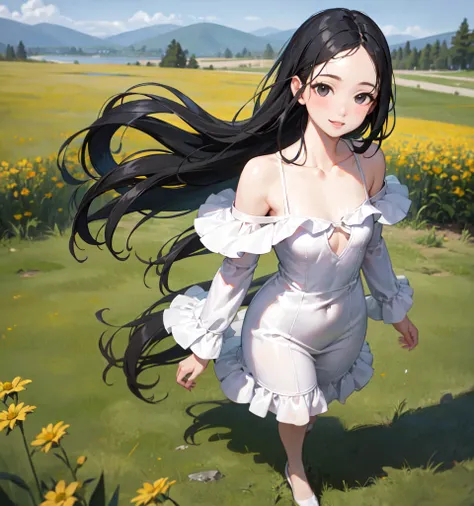 masterpiece, best quality, ultra-detailed,hyperrealistic,shiny skin,1girl,forehead,(plain forehead)+,black hair,long hair,black eyes,,(white dress,off shoulder summer dress)+,small breasts,dynamic angle,blowing in the wind,walking in the meadow,smile,fullb...