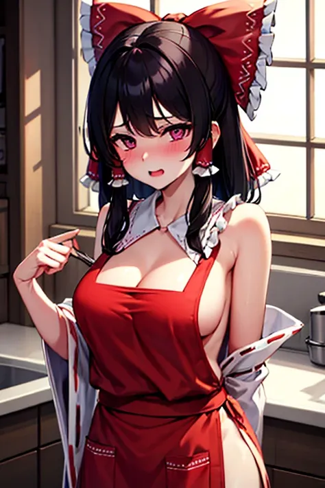 Reimu, with her seductive purple eyes, is placed on her back in the white kitchen at night and is so embarrassed that she blushes and screams in a gravure nude apron.